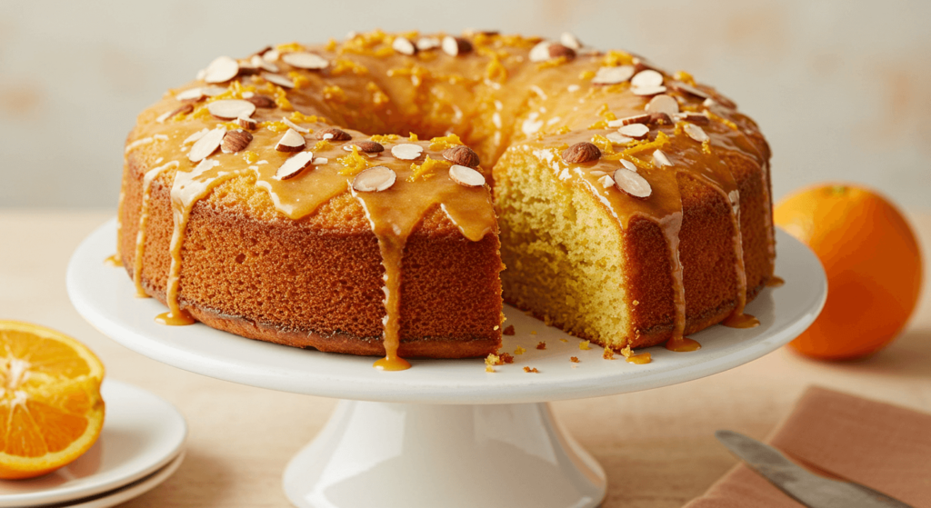 Bolo de Laranja e Amêndoas decorado com raspas de laranja"