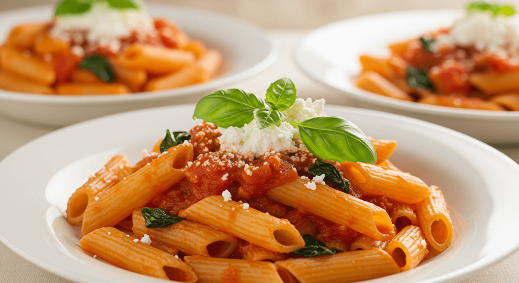 Massa italiana sendo finalizada com molho e berinjela para Pasta alla Norma