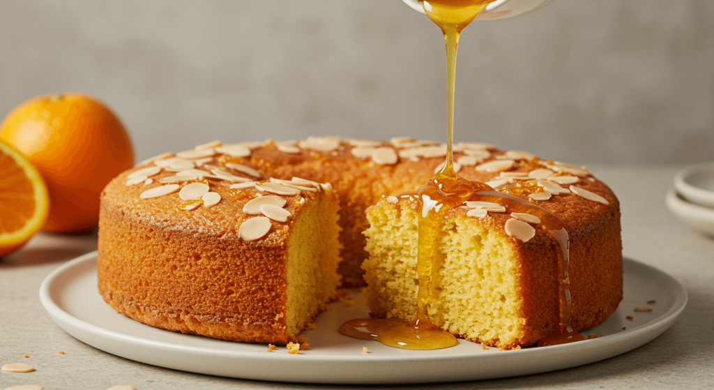 Fatia de Bolo de Laranja e Amêndoas mostrando a textura úmida