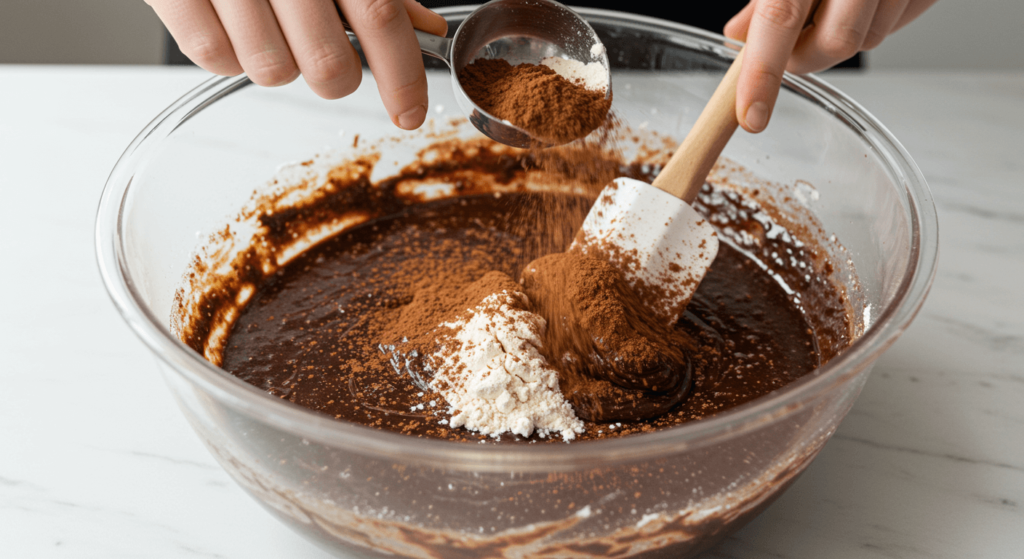 Massa do brownie de chocolate sem lactose sendo misturada